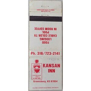Vintage Matchbook Cover Kansan Inn Greensburg KS Kansas